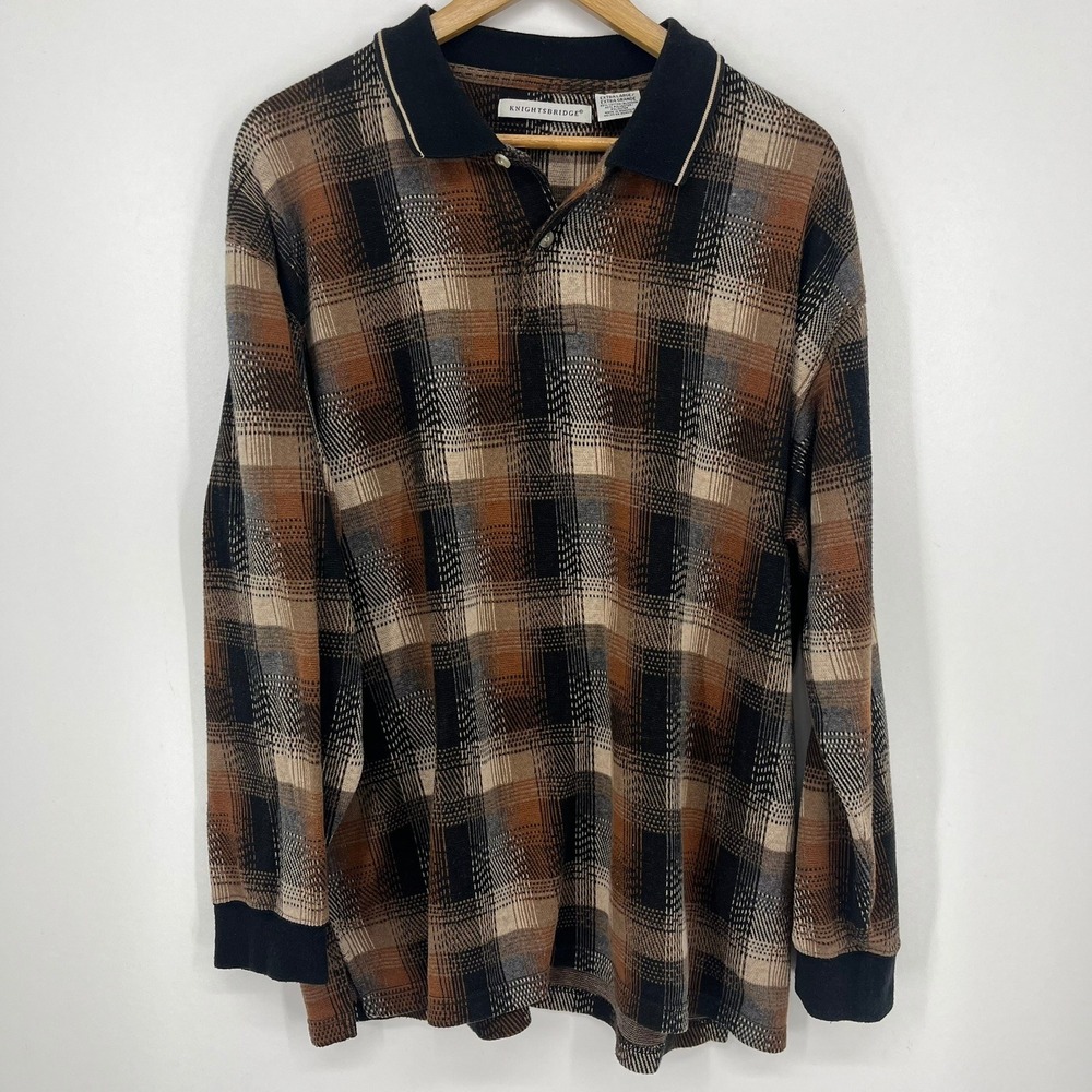 Knightsbridge Mens Plaid Long Sleeve Knit Polo Shirt Brown Tan Black XL Vtg 90s
